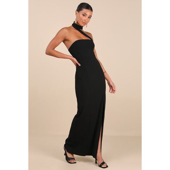 NWT Lulus Seraphina Black Asymmetrical Column Maxi Dress Dinner Gala Size S - Picture 1 of 8